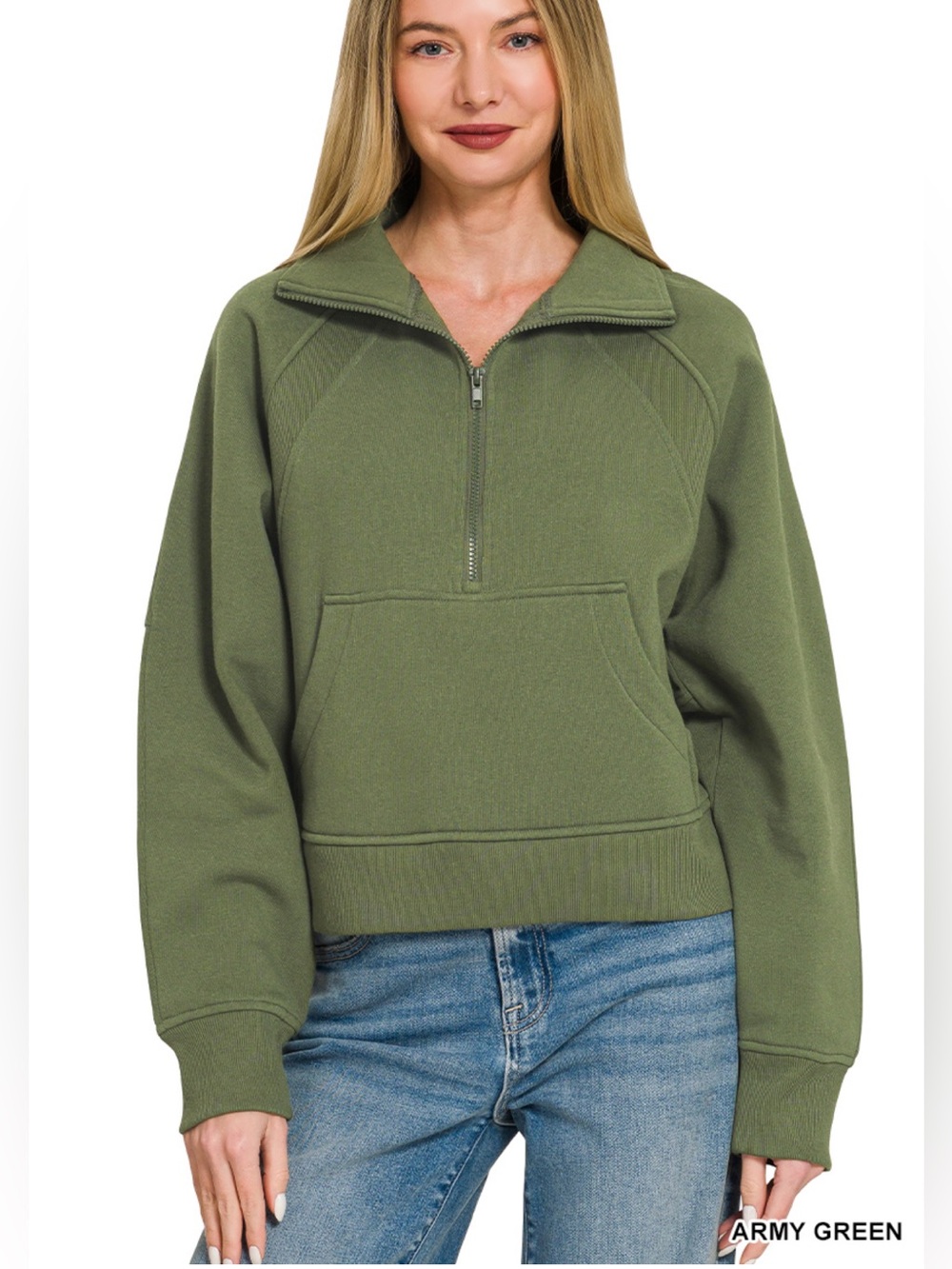Zenana Army Green Fleece Half-Zip Kangaroo Pocket Sweatshirt